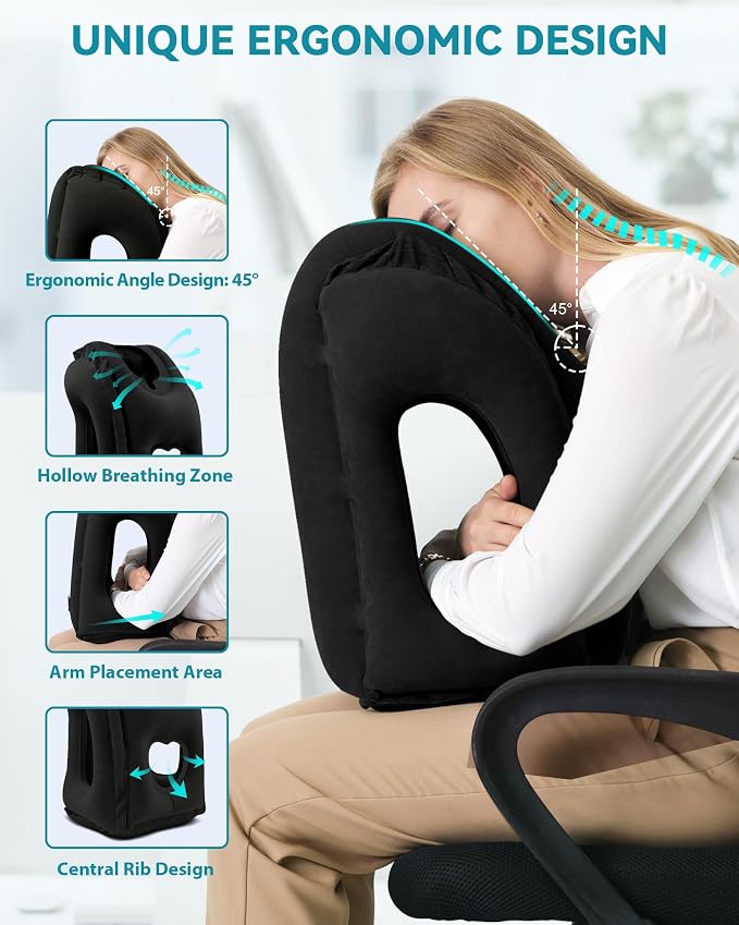 Inflatable Travel Pillow, Airplane Neck Pillow Comfortably Supports Head and Chin for Airplanes, Trains, Cars Office Napping on The Tray Table (Black) - Image 2