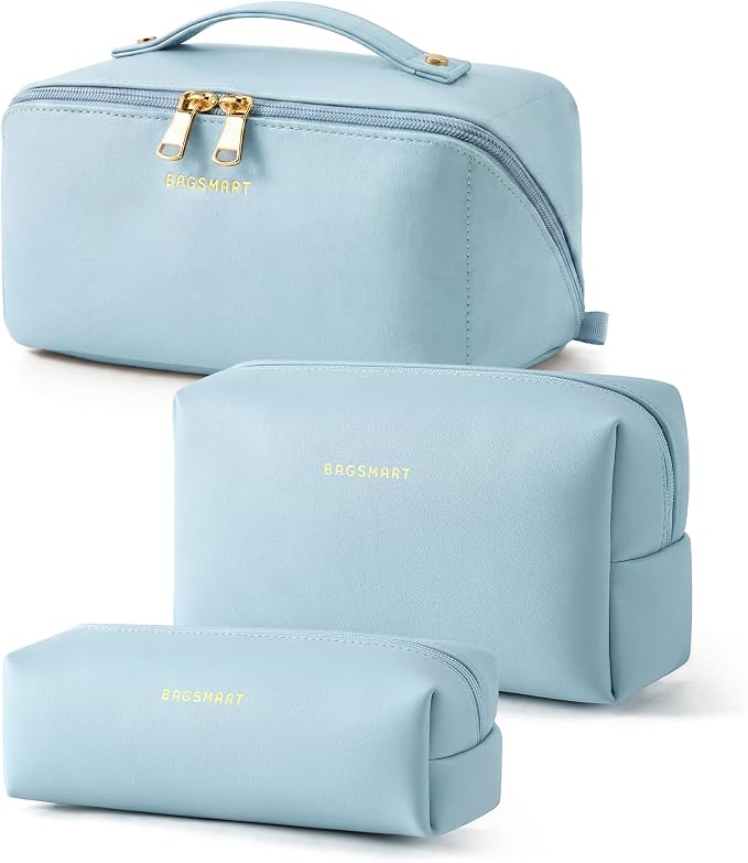 BAGSMART Makeup Bag Travel 3 Pcs Set Cosmetic Bag,Toiletry Bag,Sky Blue | 3 Pcs Set Large Make Up Bag Flat Open for Women, PU Leather Travel Essentials Organizer, Wide-open Pouch for Skincare,Brushes by BAGSMART