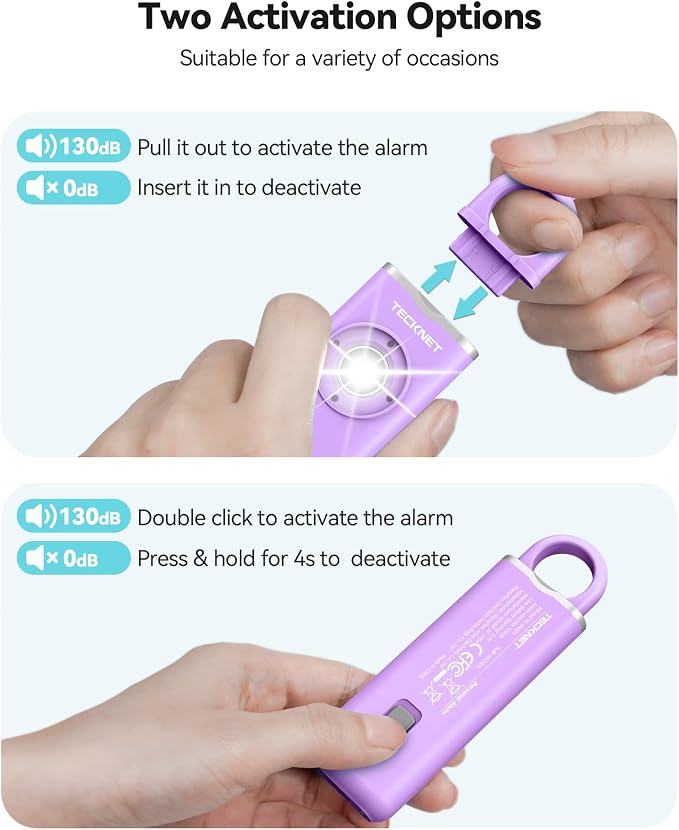 TECKNET Rechargeable Personal Safety Alarm for Women, 130dB Self Defense Keychain Alarm with SOS Strobe Light, Low Battery Notice, Loud Siren Safety Keychain for Girls Kids Elderly - Purple - Image 3