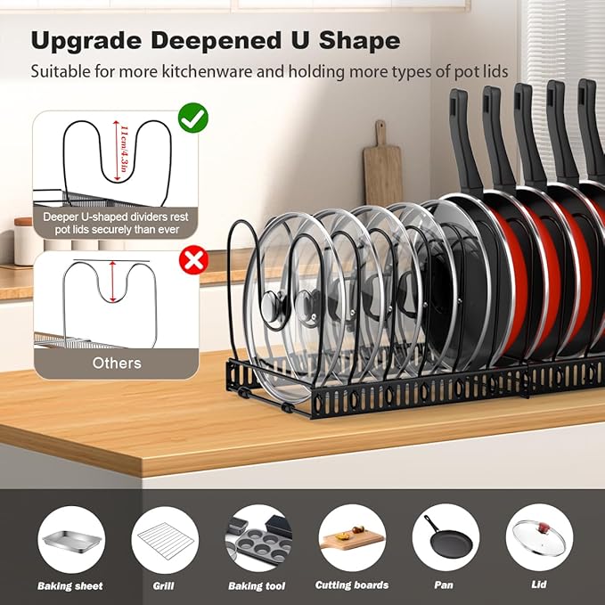 Housolution Pot and Pan Lid Organizer Holder Storage Rack, Black | 12"-23" Expandable, 14 Adjustable Dividers, Sturdy Metal Construction, Easy Assembly - Image 2