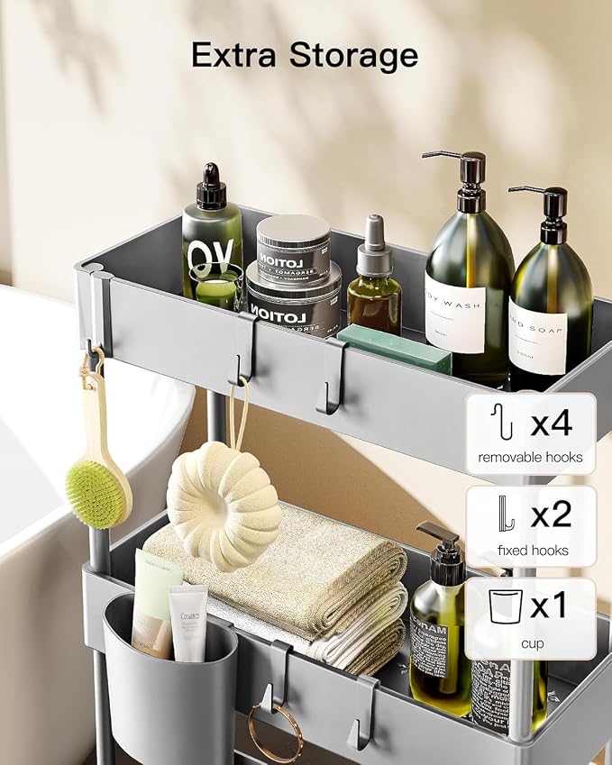 Pipishell 3 Tier Slim Storage Cart with Wheels, Bathroom Storage Cart, Gray | 7.1 inch Wide - Fits Narrow Spaces, Storage Cup and 6 Hooks, Ventilation Holes, Durable ABS Material, Detachable Wheels - Image 5