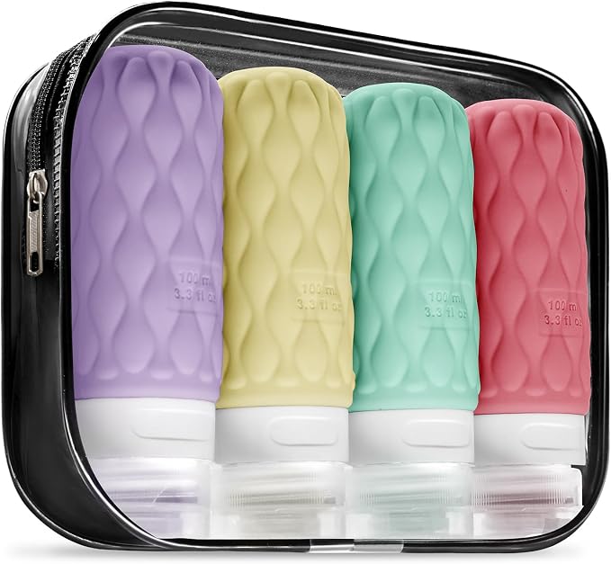 3.4oz Silicone Travel Bottles for Toiletries Refillable Liquid Accessories | for Shampoo and Conditioner, TSA Approved Leakproof Squeeze Bottles Travel-friendly with Labels/Clear Bag by Lericttor