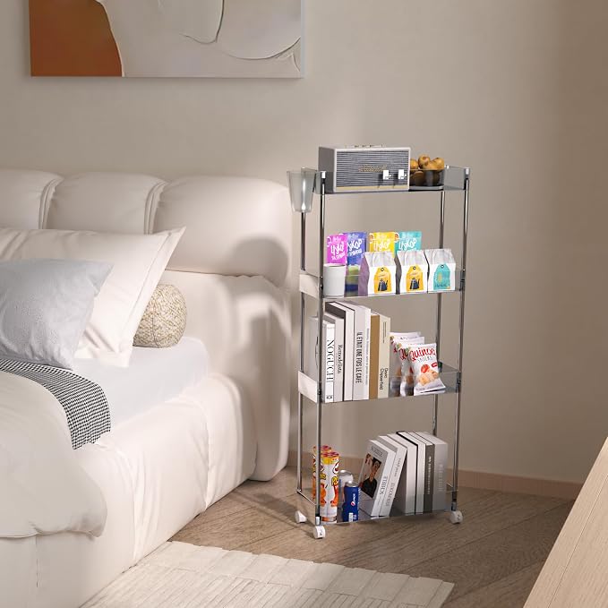 VECELO Acrylic 4-Tier Rolling Cart, Slim Utility Cart for Storage, Mobile Storage Cart with Lockable Wheels Hooks&Bucket for Office,Kitchen,Laundry Room Bathroom Living Room, Clear - Image 9