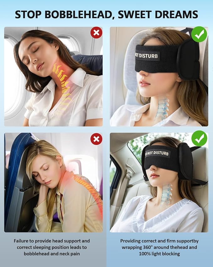 Travel Pillows for Airplanes, Airplane Pillow for Long Flights Sleeping Travel, Airplane Head Strap with Eye Mask 360° Support Headrest for Plane Road Trip Sleep, Stop Head Bobbing（Black） - Image 3