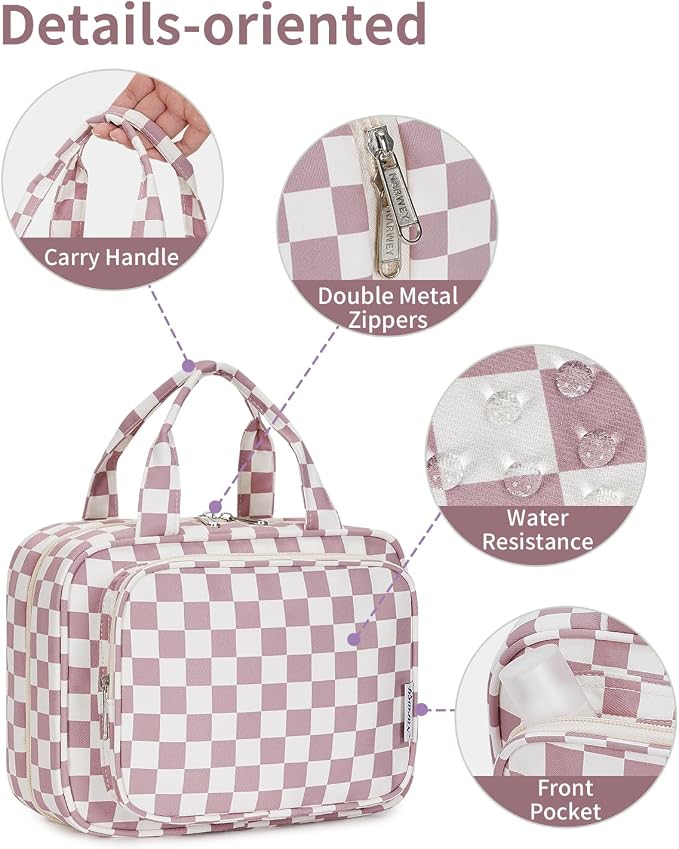 Narwey Travel Toiletry Bag for Women Large Hanging Makeup Bag Organizer Toiletries Bag for Full Size Essentials Accessories Cosmetics (Dusty Pink Checkerboard (Large)) - Image 8