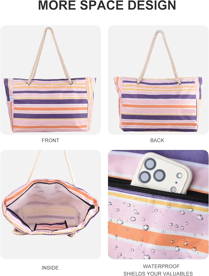 Genteen Beach Bag for Women, Large Waterproof Sandproof Beach Tote with Zipper Pocket, Solid for Travel Pool - Image 4