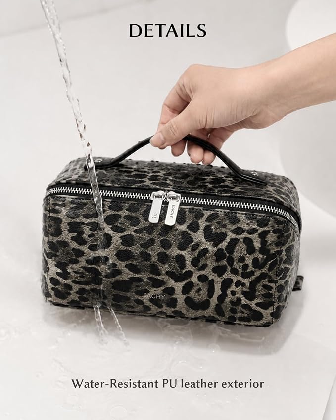 EACHY Travel Makeup Bag for Women, Flat Open Leopard Print Cosmetic Bag | Leopard-print PU leather cosmetic bag opens flat with dividers and clear TPU brush pocket for makeup and travel essentials - Image 2