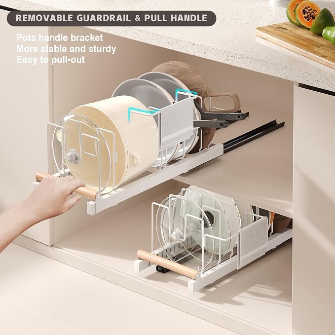 Magheo Pull Out Pots and Pans Organizer Under Cabinet, 22" Deep Expandable Pot Lid Organizer and Storage with 10 Adjustable Dividers Adhesive Pot and Pan Holder Rack with Handle Bracket(1 Pack,White) - Image 3