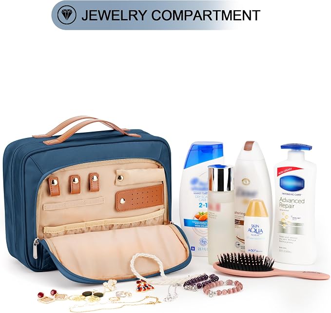 Travel Hanging Toiletry Bag for Women, with Jewelry Organizer Compartment, Medium Waterproof Hanging Makeup Accessories, Cosmetic Essentials, Toiletries Dopp Kit Set with Trolley Belt, Navy Blue - Image 3