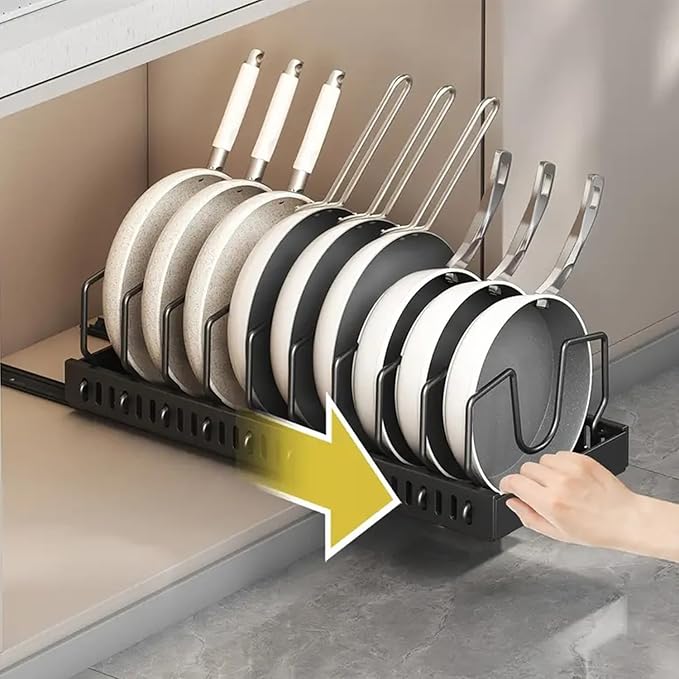 AmoiChic 2 Pack Pull Out Cabinet Organizer for Pots and Pans, Black Storage Rack with 8 Adjustable Dividers, Kitchen Cabinet Organizer for Pot Lids, Bakeware, Dishes Storage - Image 2