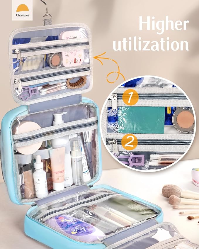 Travel Hanging Toiletry Bag for Women - Waterproof Cosmetic Organizer with Clear Window, Lightweight Bathroom Bags for Essentials, Makeup, Shampoo, Toiletries Blue,Large - Image 4