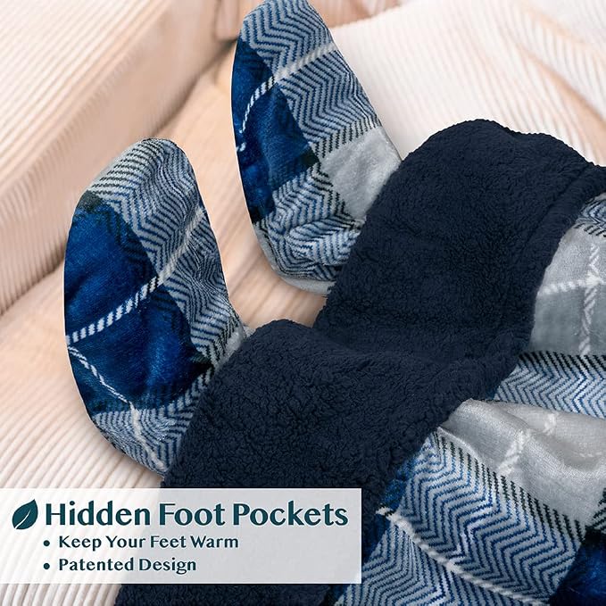 PAVILIA Sherpa Blanket with Sleeves, Foot Pocket for Women Men Adults, Thick Wearable Blanket Throw Wrap, Fleece Warm Snuggle Blanket Robe, Cozy Gift Ideas Wife Mom, Plaid Blue - Image 2