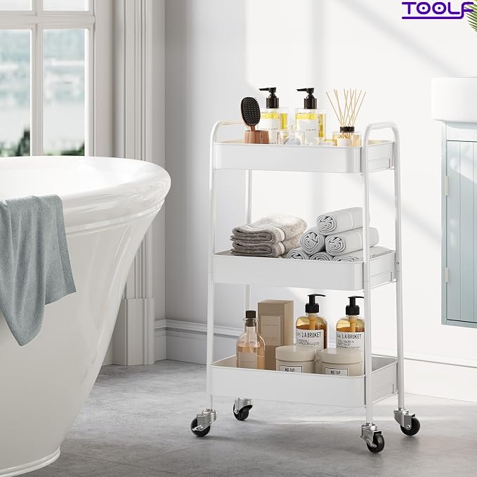 TOOLF 3 Tier Metal Rolling Cart, Utility Storage Cart with Wheels, White | Screwless Assembly, Lockable Metal Wheels, Trolley Organizer for Bathroom, Kitchen, Office, Dorm, Laundry, Craft Room - Image 6