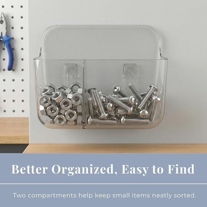 Adhesive Wall Organizer Bin, 2 Compartments, No-Drill, Clear | BPA-Free PET, Detachable, Divided Storage for Easy Sorting and Wet and Dry Separation, Drain Holes in Both Sections - Image 6
