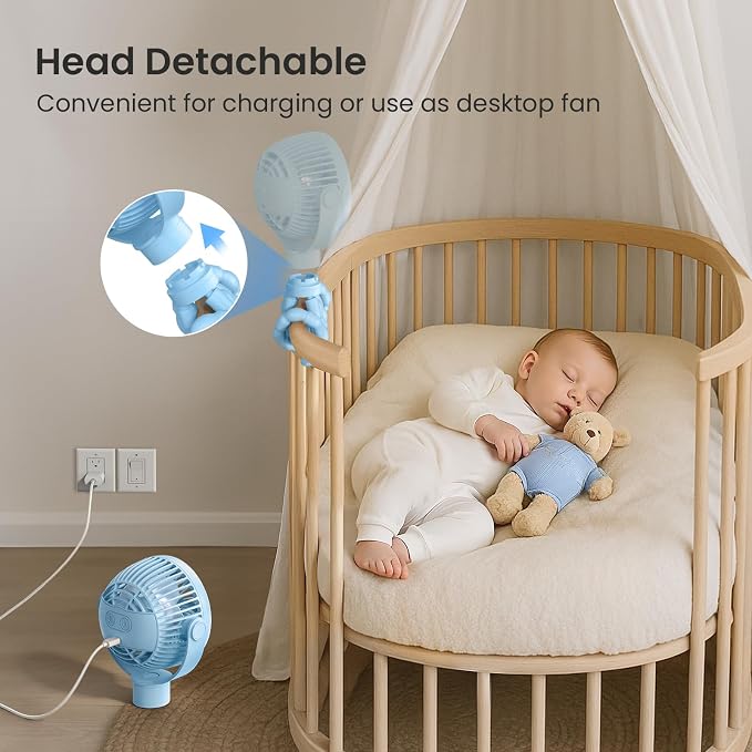 Coohea Portable Stroller Fan, 25H Long-lasting, 4 Speed, Night Light, Blue | 4000mAh Rechargeable Battery Powered Fan, Head Detachable 360° Rotate Mini Fan, Easy to Wrap for Car Seat Crib Bike Treadmill - Image 4