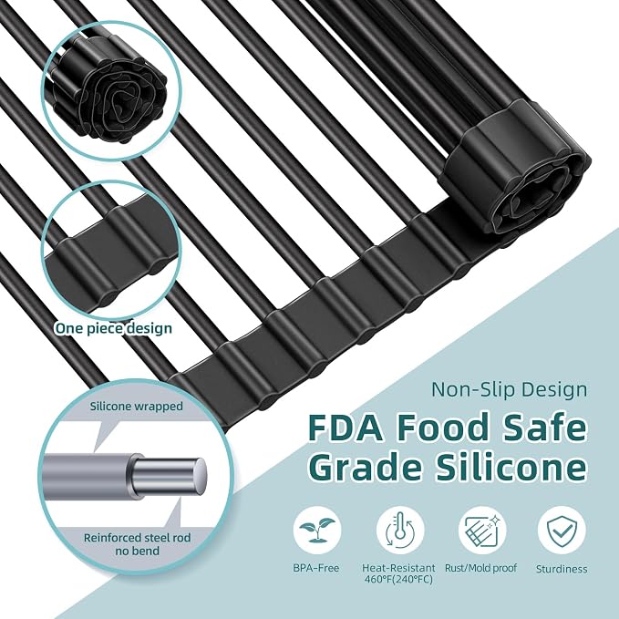 Ohuhu Over The Sink Dish Drying Rack, 20.5" W x 13.1" L Rolling Dish Drainer Foldable Sink Accessories Heat-Resistant Mat Anti-Slip Silicone Coated Dish Racks for Kitchen Counter - Image 5