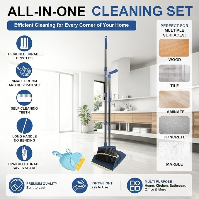 Broom and Dustpan Set, 51" Long Handle Broom with Mini Set Navy Blue | Mini Set for Tables, Kitchens & Tight Spaces, Built-in Comb Dustpan, Foldable Space-Saving Storage, Multi-Surface Use - Image 2