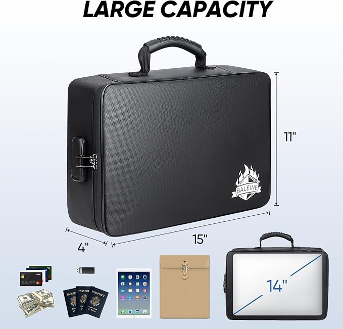 BALEINE Fireproof Document Box with Lock, Portable Fireproof Document Bag Waterproof Fire Proof File Boxes for Documents, File Organizer Box for Important Paperwork (Black, 15''x11''x4'') - Image 4