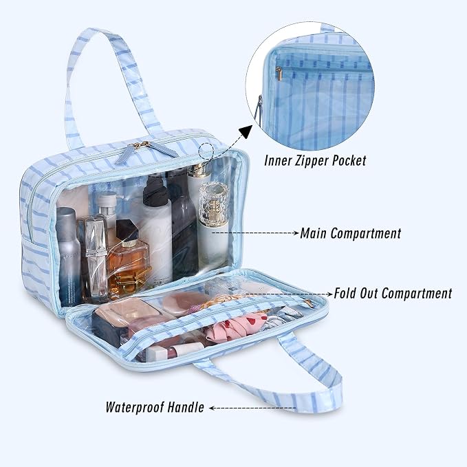 Toiletry Bag for Women, Blue Stripe | Clear Coated,Waterproof,Multiple Compartment,Open Flat,Handle,Travel Organizer for Shampoo,Conditioner,Cosmetic Accessories - Image 2