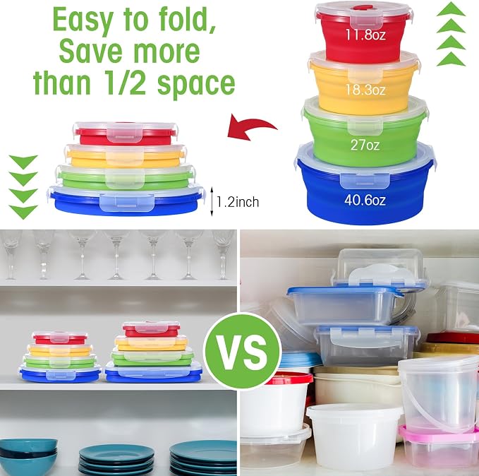 Yaomiao 16 Pack Collapsible Food Storage Container with Lid,Bright Colors | Silicone Bowls with Air Vent, Foldable Rectangle Round Bowl ,For Rv Camping Meal Prep Organizing, Microwave Freezer Safe - Image 5