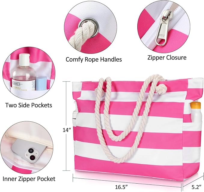 Clothirily Beach Bag for Women, Large Beach Tote Bag Waterproof with Zipper | Large Capacity Swim Pool Bag, Inner Pockets, Sandproof Foldable Beach Tote for Travel Essentials - Image 4