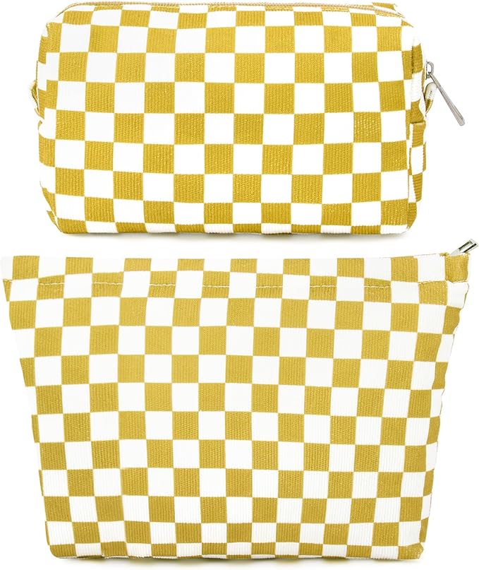 SOIDRAM 2 Pcs Checkered Makeup Bag Large Cosmetic Bag Toiletry Bag Makeup Pouch Travel Bag Organizer Cute Makeup Brushes Aesthetic Accessories Storage Bag for Women Golden Yellow by SOIDRAM