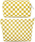 SOIDRAM 2 Pcs Checkered Makeup Bag Large Cosmetic Bag Toiletry Bag Makeup Pouch Travel Bag Organizer Cute Makeup Brushes Aesthetic Accessories Storage Bag for Women Golden Yellow by SOIDRAM