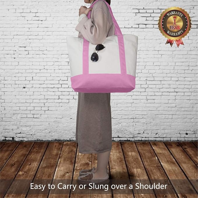 TOPDesign 1-Pack Canvas Tote Bag with an External Pocket, Reusable Grocery Shopping Bag, Top Zipper Closure, Daily Essentials (Pink/Natural) - Image 2