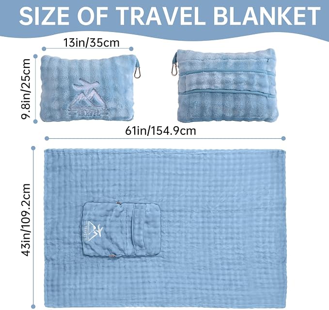 Travel Blanket and Pillow-2-in-1, Ultra-Soft&Compact, One-Piece Airplane Blanket with Hand Luggage Belt and Backpack Clip,Travelers Accessories Gifts, 61x43 Inches (Blue) - Image 3