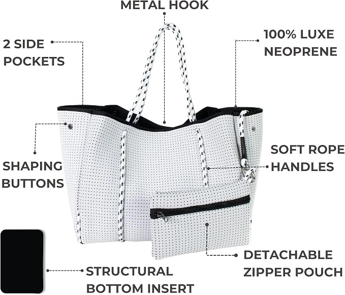 POPUPS Large Neoprene Tote Bag for Women - Everyday Designer Handbag for Travel Work and Beach with Pockets and Zipper Pouch - Image 4
