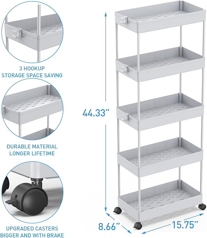 SPACEKEEPER 5 Tier Storage Rolling Cart, Bathroom Cart with Wheels, Gray | Mobile Storage Cart for Laundry Room Organization,Kitchen,Office,Bathroom, Utility Cart for Snack,Craft,Art,Makeup,Nail,Toys - Image 3