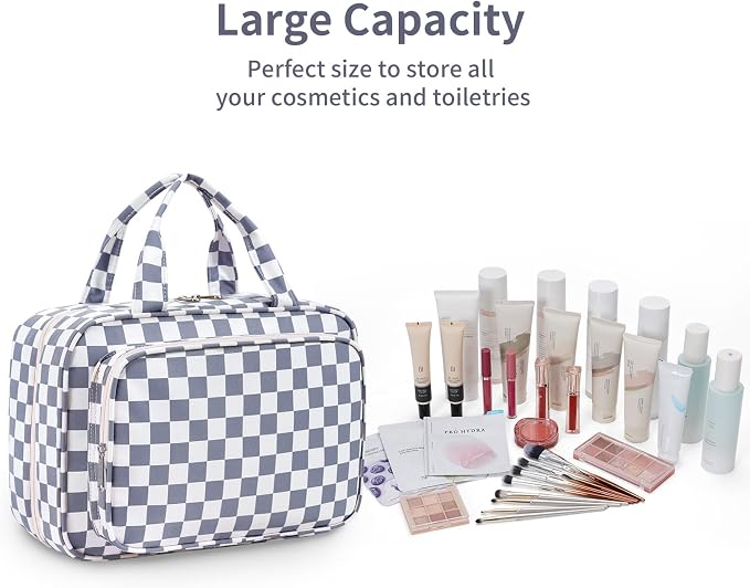 Narwey Travel Toiletry Bag for Women Large Hanging Makeup Bag Organizer Toiletries Bag for Full Size Essentials Accessories Cosmetics (Grayish Blue Checkerboard (Large)) - Image 6