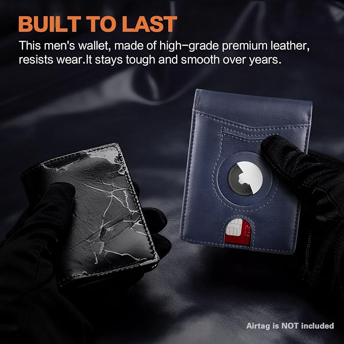 Wallet for Men Slim RFID Blocking Bifold Carbon Fiber,Minimalist Small Compact Front Pocket Credit Card Holder,Thin Mens Leather Wallets Smart Security With 2 ID windows 1 Cash (Oil Wax Blue) - Image 6