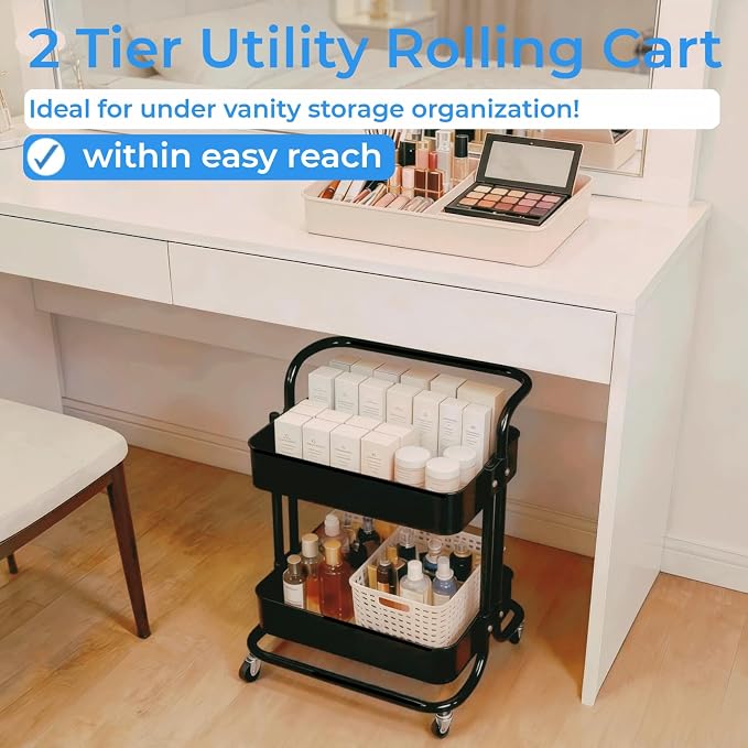 2 Tier Rolling Utility Cart with Wheels All-Metal Short Pantry Cart Under Desk Storage Trolley with Handle, Small Rolling Storage Shelf for Small Space Kitchen Laundry Room Bathroom, Black - Image 5