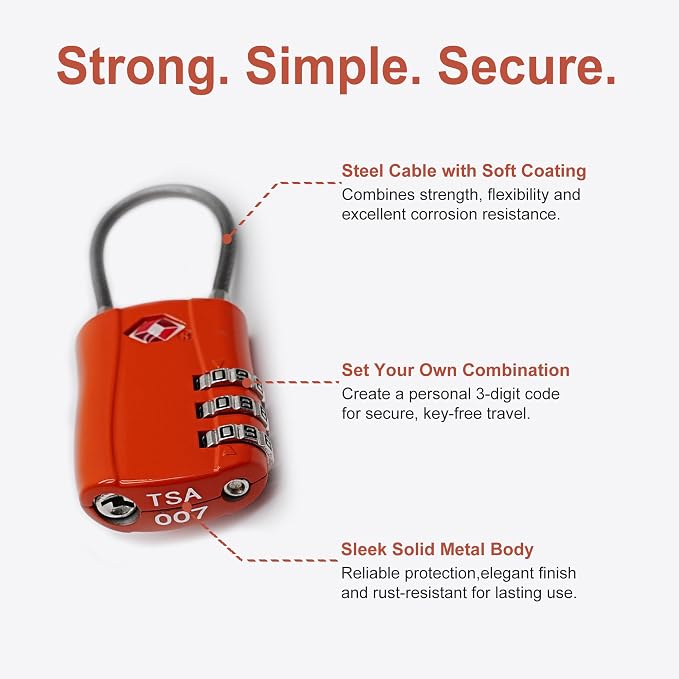 Luggage Locks TSA Approved, Small Padlock Combination, TSA Locks for Luggage, Suitcase, Travel Essentials, Combo Padlock with Cable, for Backpack, Bag, Zipper, Locker, Case, Box (2-Pack) - Image 4