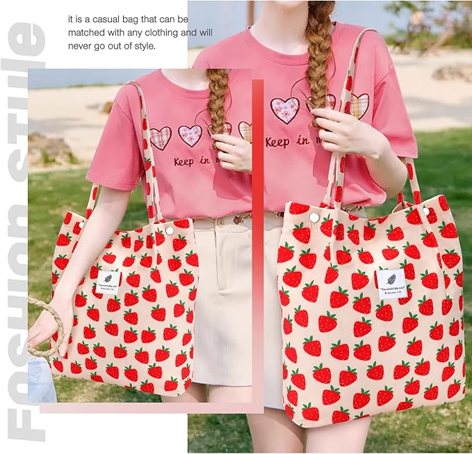 LHMTQVK Corduroy Tote Bags for Women, Large Capacity Tote Purse Reusable Grocery Shoulder Bag with Inner Pockets - Image 2