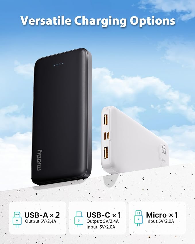 Miady 2-Pack Portable Charger 10000mAh Power Bank Battery Pack for Travel | 37Wh丨Dual USB丨3 Outputs 2 Inputs丨Slim丨Compatible with iPhone 17 16 Galaxy S24 Android Tablets etc丨Flight-Safe丨Black+White - Image 6