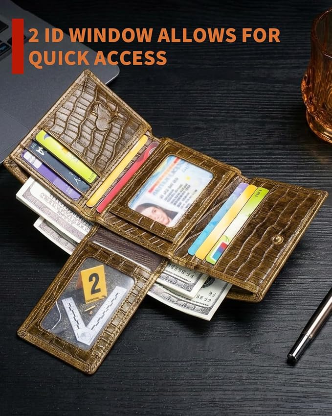 STEELLION Men's Trifold Wallet, Cowhide, 13 Card Slots, ID Window, RFID | Croc-embossed cowhide with a removable chain; practical organization for office, travel, and everyday carry (Brown) - Image 5
