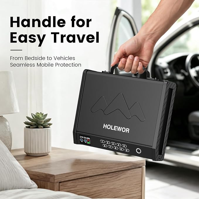 Handheld Portable Biometric Gun Safe for Handgun 3 Ways of Access | Fingerprint Pistol Safe Quick Access with LCD Temperature Humidity for Bedside, Travel, Car, Fit 2 Handguns - Image 2
