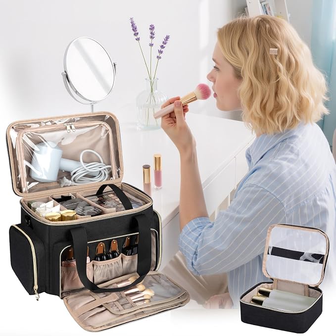 GDNasist Large Makeup Bag, Portable Travel Makeup Bag Organizer | Cosmetic Travel Bag for Women Girls with 2 Removable Pouches & Detachable Dividers, Toiletry Bag for Makeup and Hair Supplies - Image 6