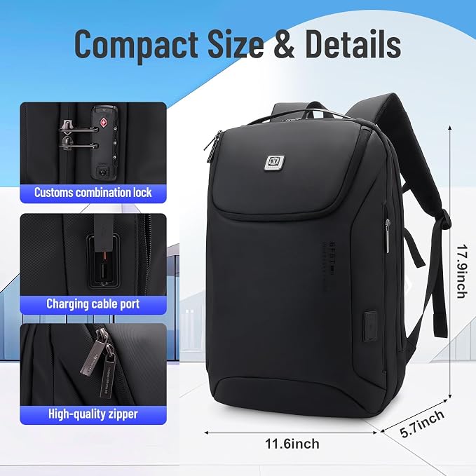 JODEBES 15.6 Inch Business Work Backpack with TSA Lock, Black | Water-resistant Laptop Backpack with USB Charging Port, Travel Carry On Bag for Men Women, Large Opening, Luggage Strap - Image 5