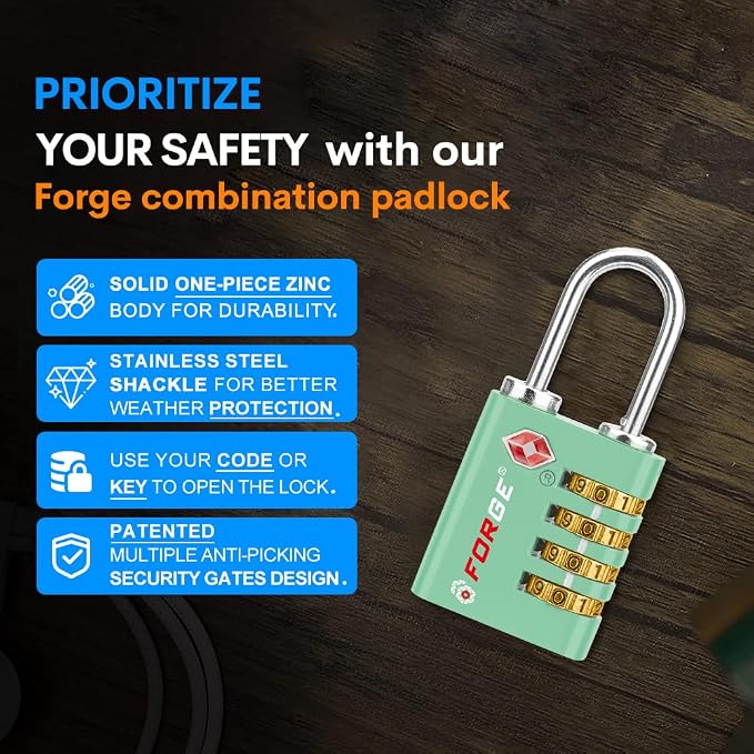 Forge Dual-Opening: Key or Combination Access Lock, TSA Approved Locks for Luggage, Pelican case, Travel, Gym, School, Stainless Steel Shackle. (Green, 4 Pk) - Image 6