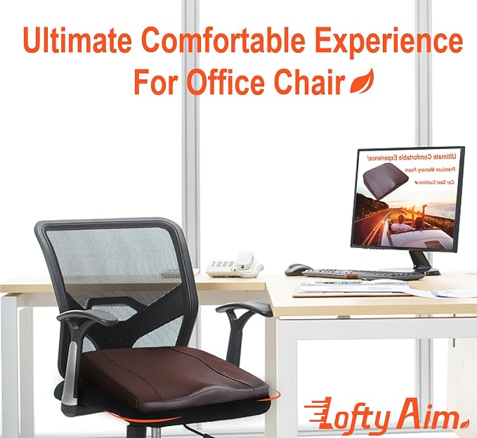 Lofty Aim Car Seat Cushion, Memory Foam Car Seat Cushions for Long Driving | Driver Seat Cushion Adds Height, Auto Seat Pillow for Sciatica Pain Relief, Butt Cushion for Car, Truck, PU Leather Brown - Image 3