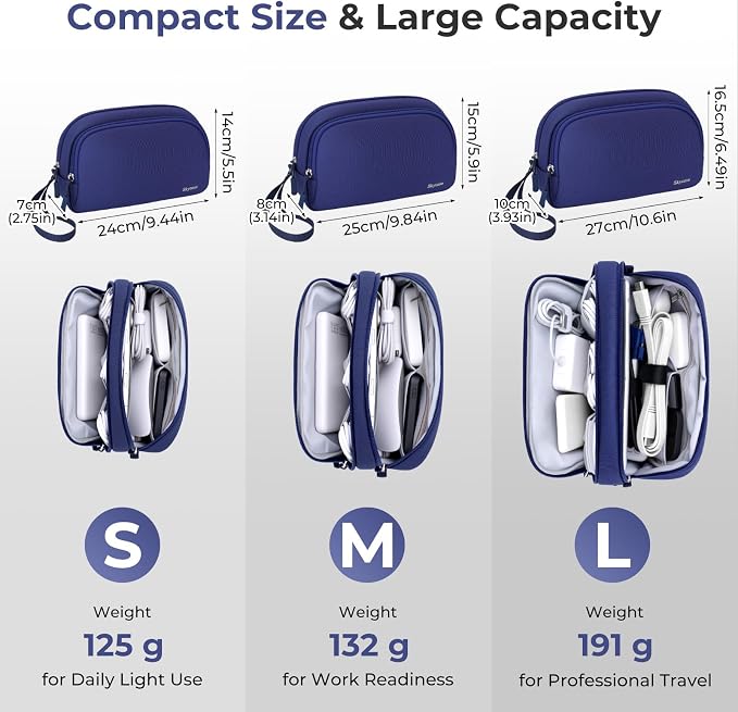 Skycase Travel Cable Organizer - Lightweight Water Resistant Dual-Layer Tech Pouch with Wrist Strap 9 Compartments Electronic Organizer Travel Case for Charger Cord Hard Drive,Large,Blue - Image 3