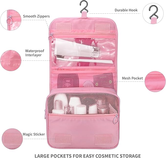 Lcsmaokin Large Capacity Toiletry Bag Travel Bag with Hanging Hook for Men and Women Waterproof Travel Cosmetic Bag Bathroom Storage Bag for Brushes Set, Full-Sized Shampoo,Accessories(Pink Stripe) - Image 3