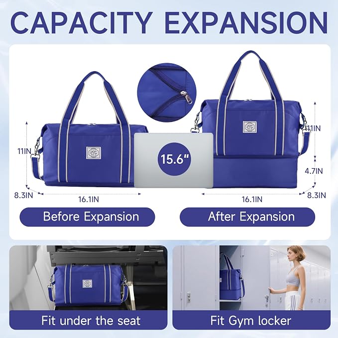 WALNEW Travel Duffel Bag, Weekender Overnight Carry On Bag for Women Men, Foldable Waterproof Gym Luggage Duffle Bag with Metal Buckle Detachable Shoulder Strap and Wet Compartment (Klein Blue) | Overnight Carry On Bag, Foldable Waterproof Gym Luggage ... - Image 2