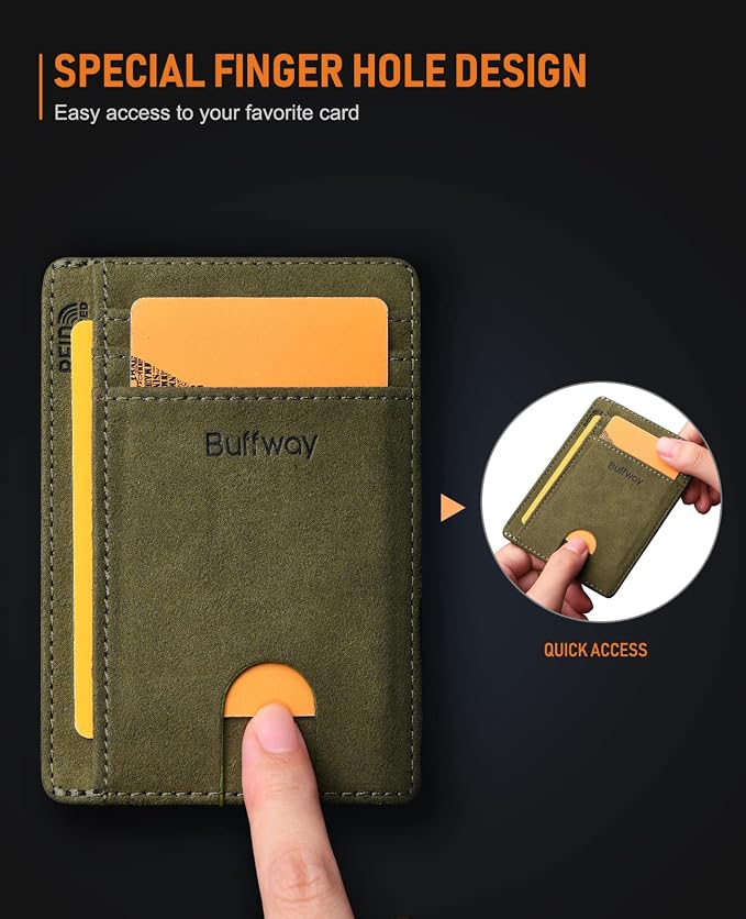 Buffway Slim Minimalist Front Pocket RFID Blocking Leather Wallets for Men and Women - At Sahara Desert Green - Image 6