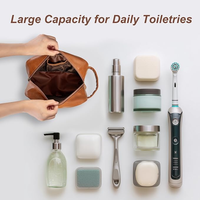 Travel Toiletry Bag for Men and Women, Travel Shaving Dopp Kit Water-resistant Bathroom Toiletries Organizer PU Leather Cosmetic Bags (Dark Brown) - Image 4