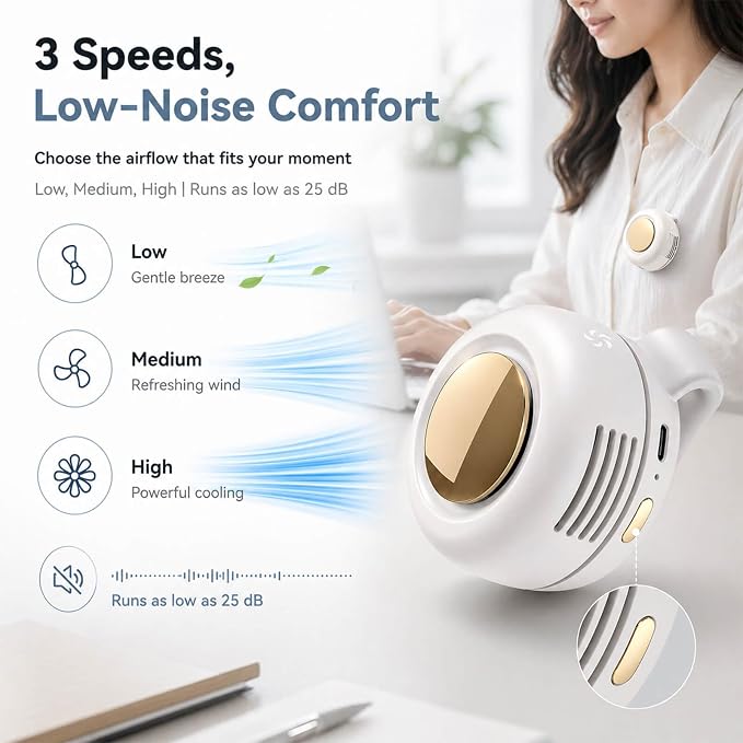 Clip on Fan, Portable Wearable Personal Mini Fan for Shirt & Waist, 3-Speed Quiet Bladeless Rechargeable Fan, USB-C, 360° Adjustable Hands-Free Cooling for Travel Outdoor Office (White) - Image 5