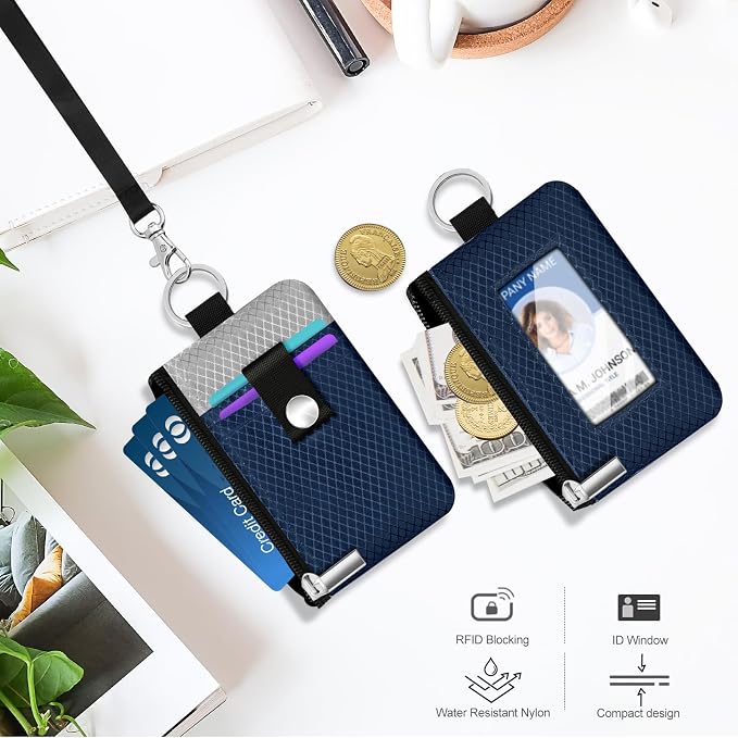 Minimalist RFID Blocking Small Wallet with ID Window,WaterResistant Zip Id Case Wallet with Lanyard Keychain for Cards,Cash,Travel,Women,Men (Dark Blue/Light Gray) - Image 8